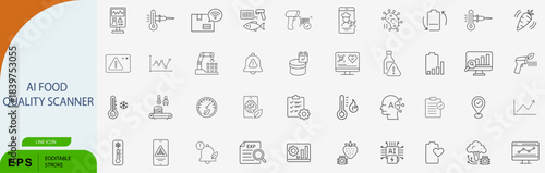 AI food quality scanner outline icon set, testing safety vector collection