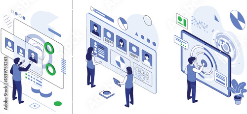 Isometric illustration set of people interacting with digital user interfaces, dashboards, data analytics, and online profiles for technology, UI/UX, and software concepts
