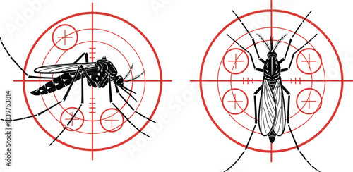 Mosquito vector illustration targeted in red crosshair symbol representing pest control, disease prevention, insect elimination and anti-mosquito awareness graphic design