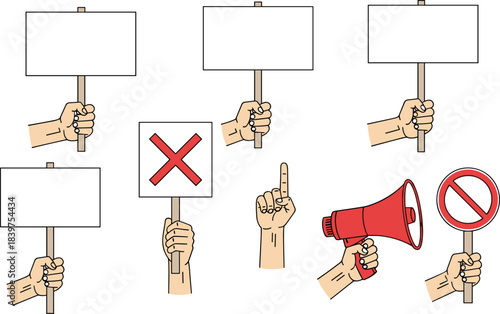 Protest signs and hand gestures illustration featuring blank boards, megaphone, stop symbol, and expressive hands used for demonstrations, announcements, activism, and communication