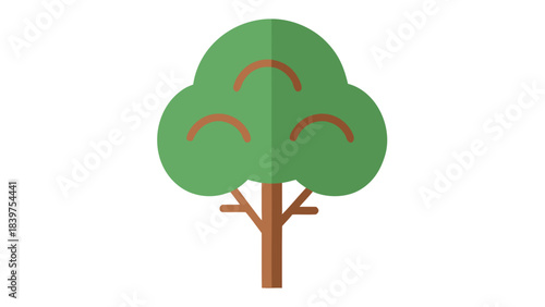 Green Tree With Brown Trunk And Branches Against A Black Background With Simple Stylized Leaves And Rounded Canopy Flat Design