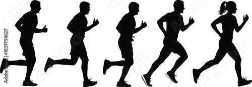 Running silhouette group of athletes in motion, men and woman jogging illustration representing fitness training, marathon activity, exercise, and healthy lifestyle