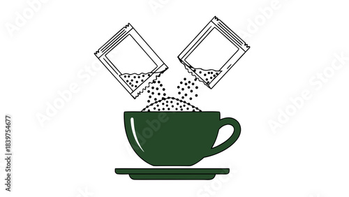 Green Coffee Cup and Saucer with Sugar Packets Pouring Contents Against Black Background Minimalist Graphic Illustration