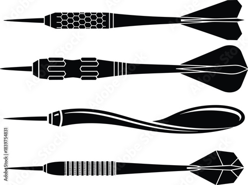 Set of black silhouette dart designs with detailed grips and flights, professional dart icons for sports, accuracy, and game equipment illustration