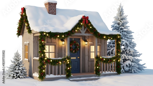 Old European architecture featuring a cozy Christmas house in a snowy forest under a winter sky