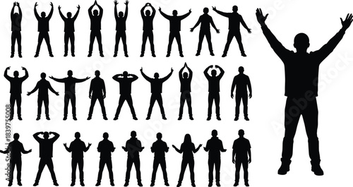 Set of male silhouette poses showing various standing gestures, expressive body movements, man figure icons useful for design, animation, and illustration projects