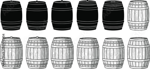 Set of wooden barrel illustrations showing various styles and textures, vintage oak cask drawings for storage, brewery, winery, distillery design elements