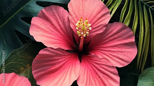Vibrant pink hibiscus flowers amidst lush green tropical leaves in a serene setting