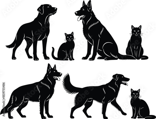 Silhouette dog and cat illustration set, black pet animal graphics, domestic animal icons for design, veterinary and pet care artwork