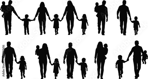 Silhouette family walking together holding hands, parents with children, group family concept illustration for unity, parenting, lifestyle and relationship themes