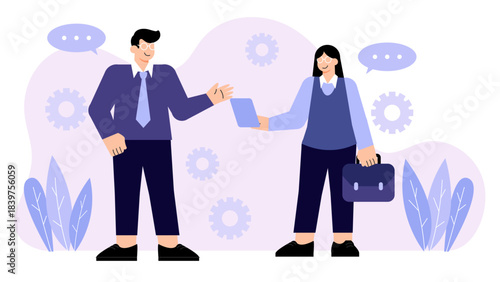 Business people exchanging business cards Flat Vector Illustration