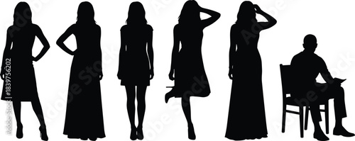 Silhouettes of standing women and seated man, elegant poses, creative outline figures for design, illustration, fashion artwork and graphic projects