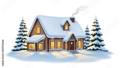 Christmas cottage house building in snow with wood architecture, windows, door, and tree illustration