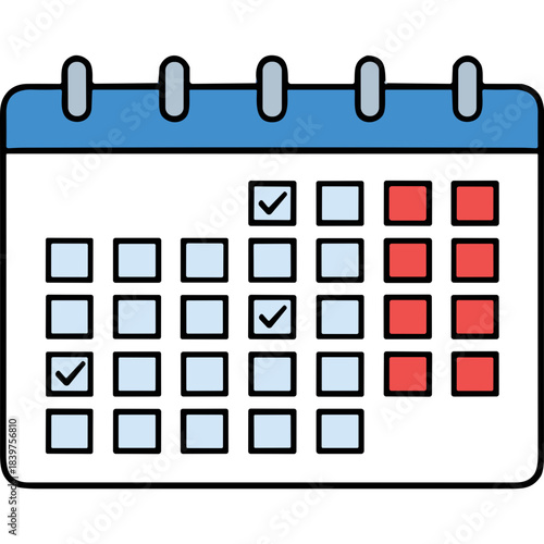 Calendar Page With Marked Dates In Red And Checkmarks On A White Background With Blue Header And Rings For Binding