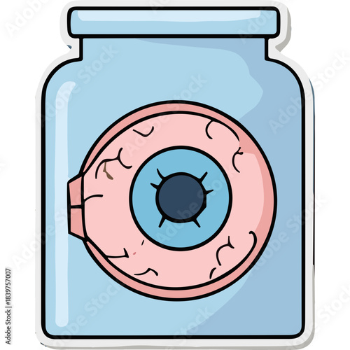 Cartoon Eyeball Preserved In A Glass Jar With Light Blue Liquid And White Lid Simple Vector Art