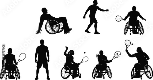 Wheelchair tennis and standing tennis player silhouettes showing inclusive sports, athletic movement, competition, disability sports, training, exercise, and active lifestyle illustration