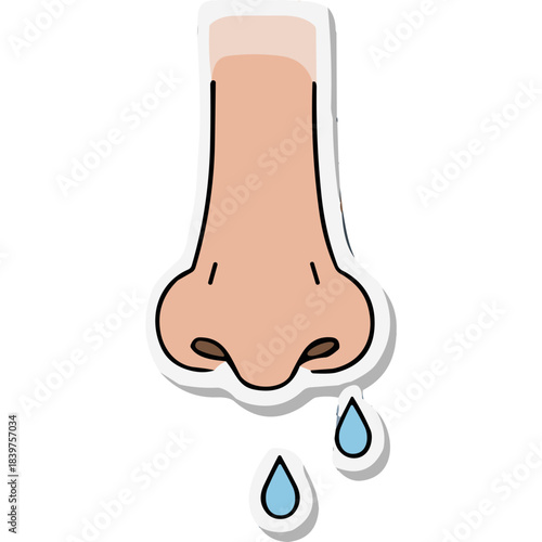 Cartoon illustration of a human nose with dripping clear mucus against a black background representing a cold or allergy symptom