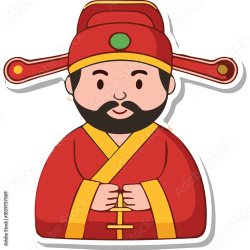 Cartoon illustration of a smiling man in traditional red and gold chinese imperial court attire with a hat and beard, isolated on white background