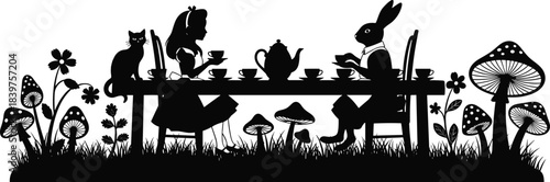 Whimsical fantasy tea party silhouette with girl, rabbit figure, cat and mushrooms in magical garden scene for illustration and design projects