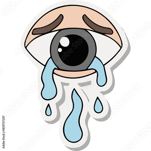 Cartoon Sad Crying Eye With Tears Flowing Down Face In Sticker Style Isolated On White Background