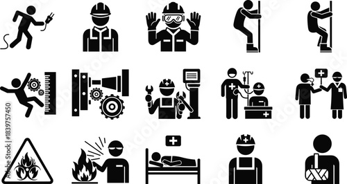 Workplace safety hazard icons set, industrial accident prevention symbols, worker injury illustrations, construction safety signs, first aid emergency vector collection