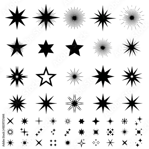 Collection of 20 various starburst and explosion icon designs in black and white for graphic