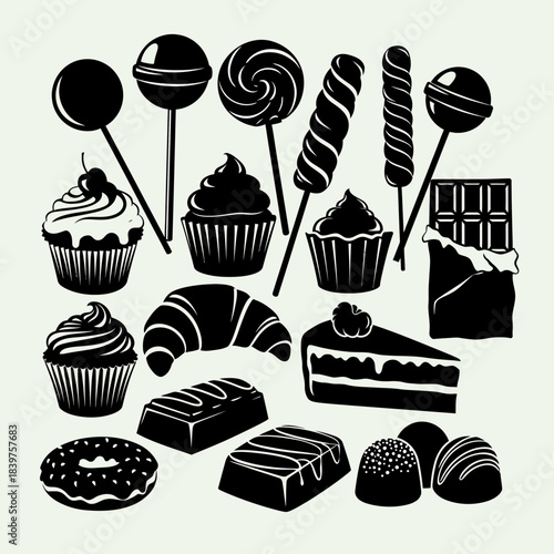 Collection of assorted black and white dessert illustrations including cupcakes candies and