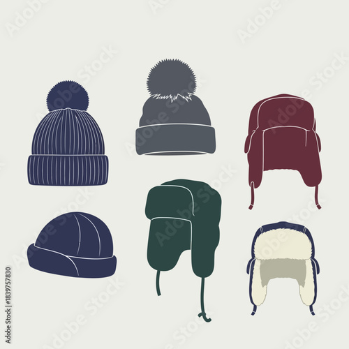 Collection of six different winter hats and caps with various styles and colors for cold weather