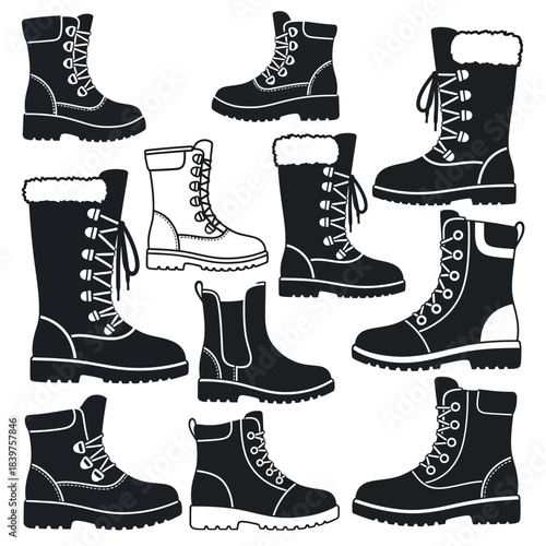 Collection of various black and white winter boots with fur lining for cold weather footwear