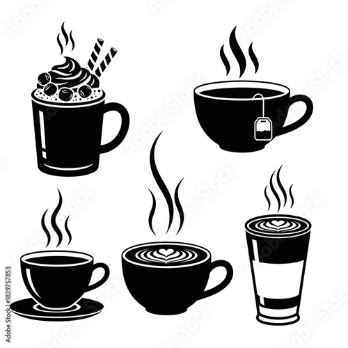 Collection of Various Hot Beverages in Cups and Mugs for Cozy Coffee Breaks