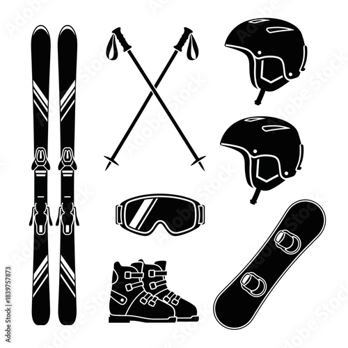 Complete winter sports gear set including skis poles helmet goggles boots and snowboard for