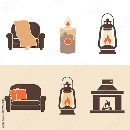 Cozy home living room setup with fireplace candles and comfortable sofas for relaxing environment