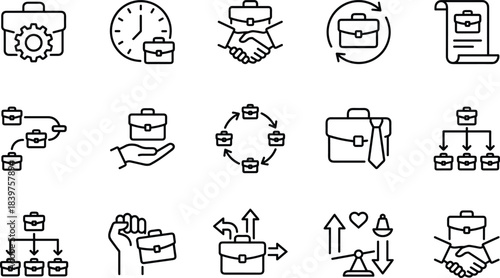 Comprehensive Business Portfolio Management Icons Set: Opportunity, Contract, Workflow, Security, Partnership, Time, and Career Growth Outline Vector Collection for Professionals