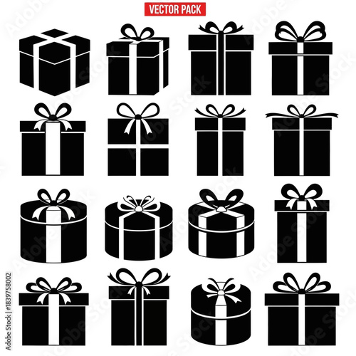 Set of 12 monochrome black and white gift box icons with ribbons and bows design for celebration