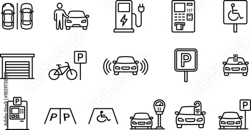 Car Parking and Transport Services Line Icons Set: Parking Garage, Electric Vehicle Charging, Payment Machine, and Disabled Sign Symbols