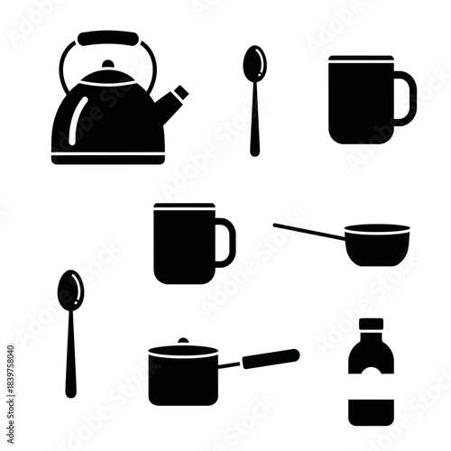 Set of silhouette icons representing kitchen utensils and cookware essentials for cooking and dining