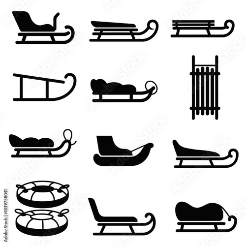Set of various silhouette sled icons representing different styles and types for winter sports and