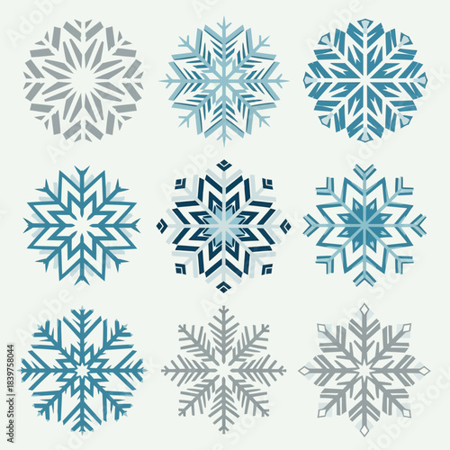 Set of ten diverse blue and gray snowflake illustrations showcasing intricate winter designs for