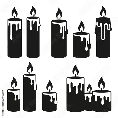 Silhouettes of seven lit candles with dripping wax in a monochrome black and white style arranged