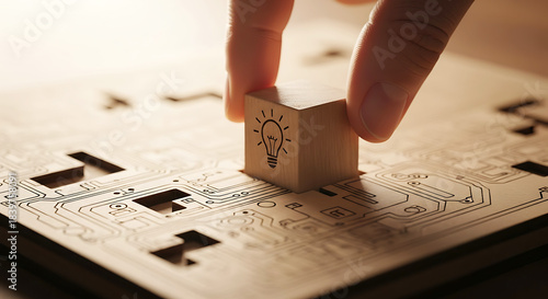 Finger placing wooden cube with lightbulb symbol on circuit board hand