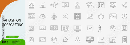 AI fashion forecasting line icon set, digital technology trend analysis