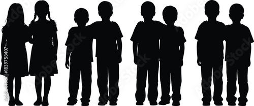 Children silhouette group illustration, boys and girls standing together, kid figures in black outline for education, family, community and design projects