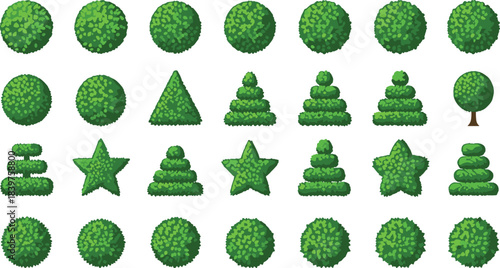 Collection of decorative garden topiary bushes in various geometric shapes including spheres stars and cones for landscaping design illustrations