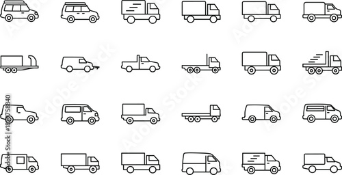 Collection of delivery trucks, vans, pickups and transportation vehicle icons, minimal line art cargo transport set for logistics illustration