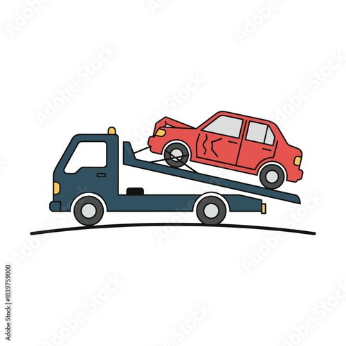 Blue tow truck carrying a wrecked red car after a road accident vector illustration.