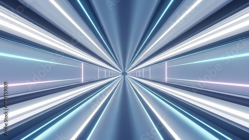Abstract futuristic digital tunnel with glowing neon blue and white lights creating a sense of speed and motion