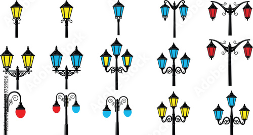Collection of vintage decorative street lamp illustrations with colorful lantern designs, urban lighting elements, classic ornamental lamp posts for cityscape artwork