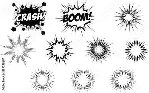 Comic explosion burst set with crash and boom text effects, dynamic pop art starburst shapes, halftone radial impact illustrations