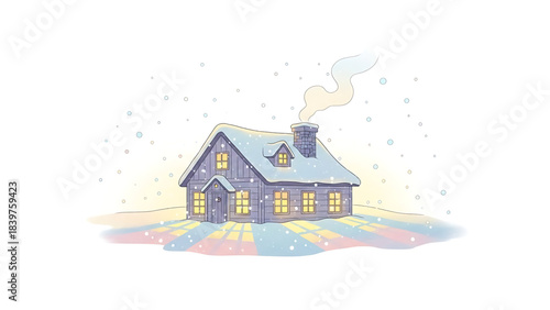 Small cartoon cottage on a blue sky background with a tree branch and snow