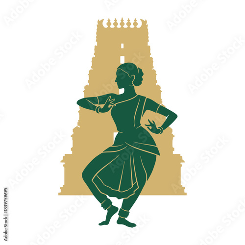 Classical dancer silhouette against a temple gopuram background vector illustration.